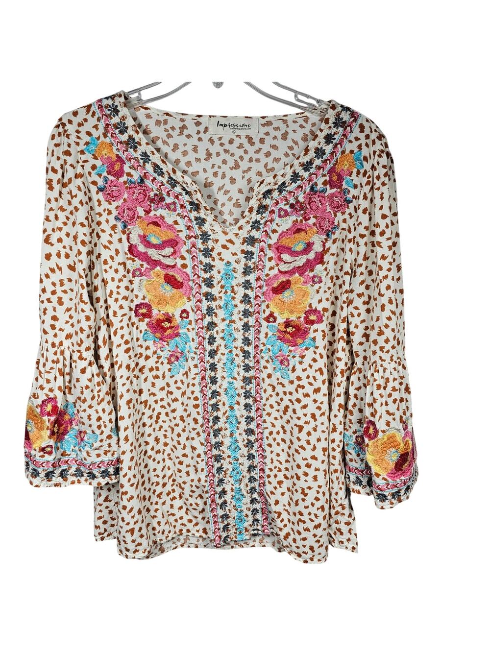 Impressions Boho Hippie Artsy Leopard Embroidered Top Cream/Camel Size S,